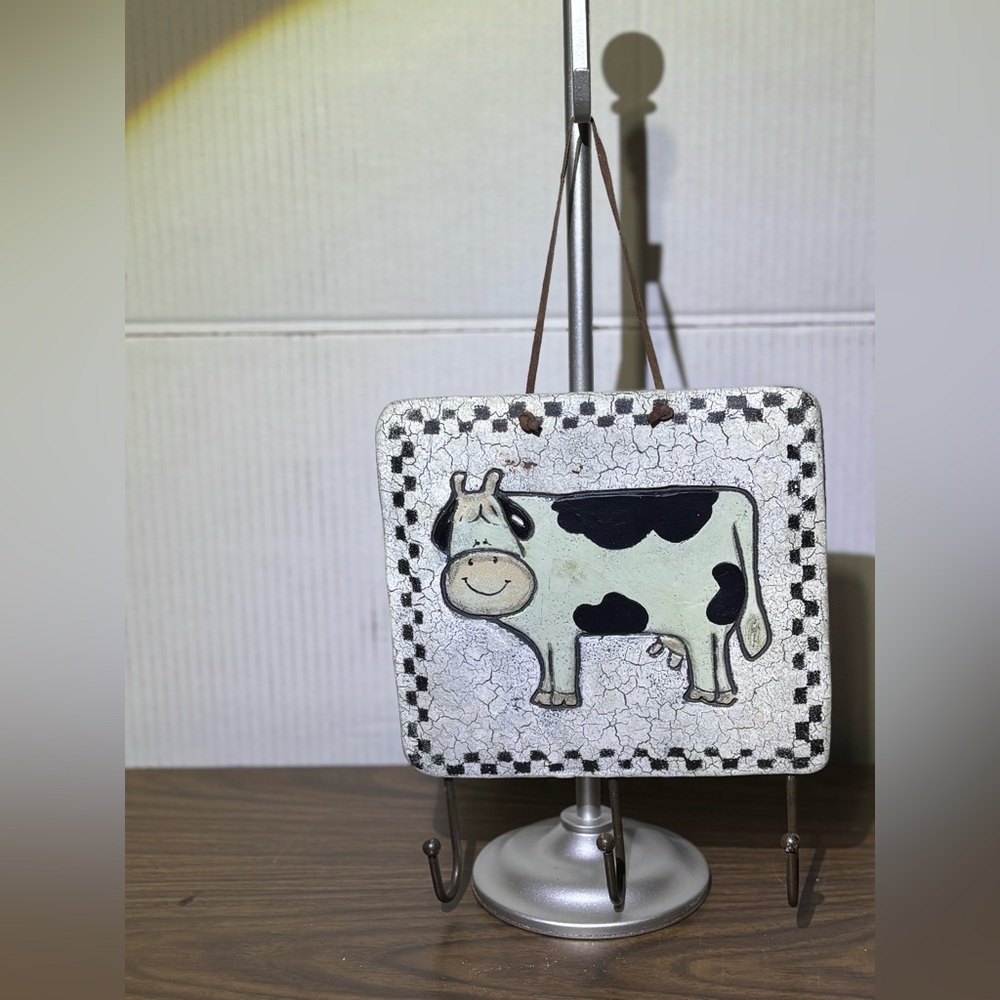 Country cow wall hanging w/metal hooks for utencils leather loop to hang 11” x7”
